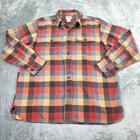 LL Bean Shirt Mens Large Orange Gray Plaid Chamois Flannel Button Up Shacket - Picture 1 of 7